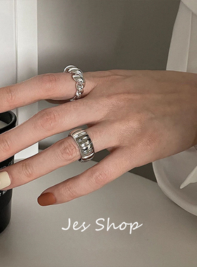 Jes Shop韩国东大门戒指小众设计感藏银个性简约开口麻花食指戒女