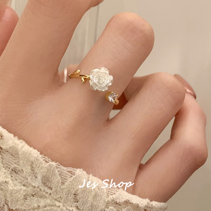 Jes Shop山茶花小众戒指百搭设计开口可调节锆石2023新款食指戒女