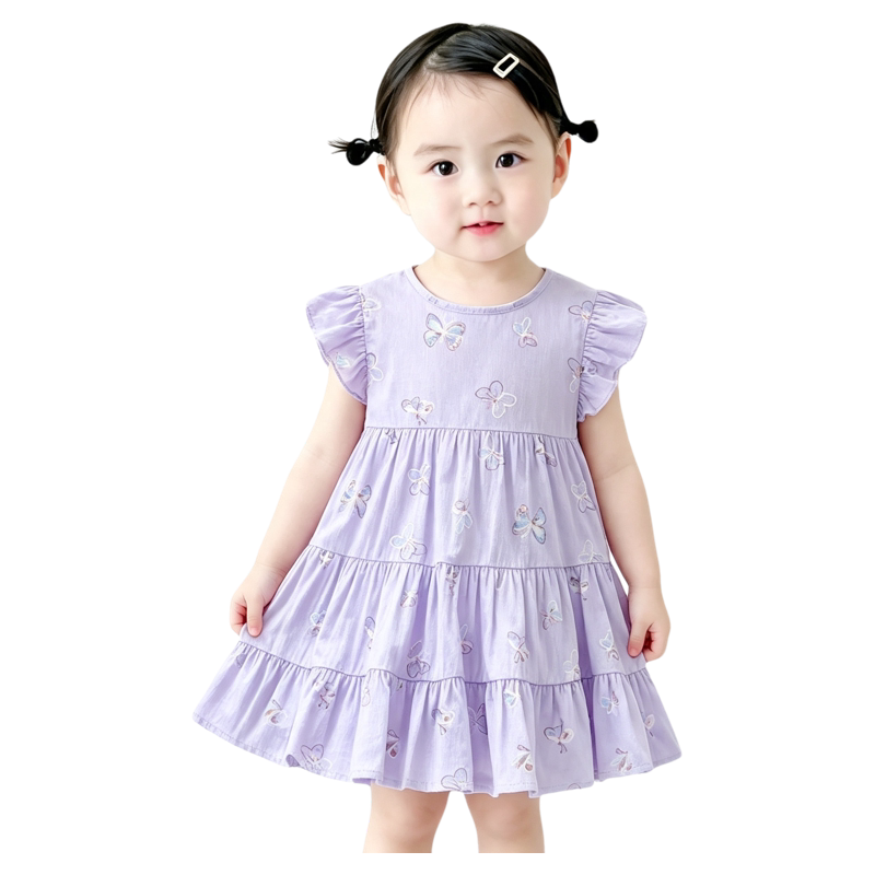 法国URCINS夏季纯棉百褶裙子洋气女孩夏装外出洋气公主蝴蝶连衣裙