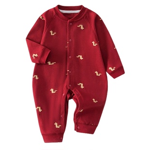 欧美宝宝衣服四季款纯棉a类新年大红色婴儿拜年服满月服新生儿