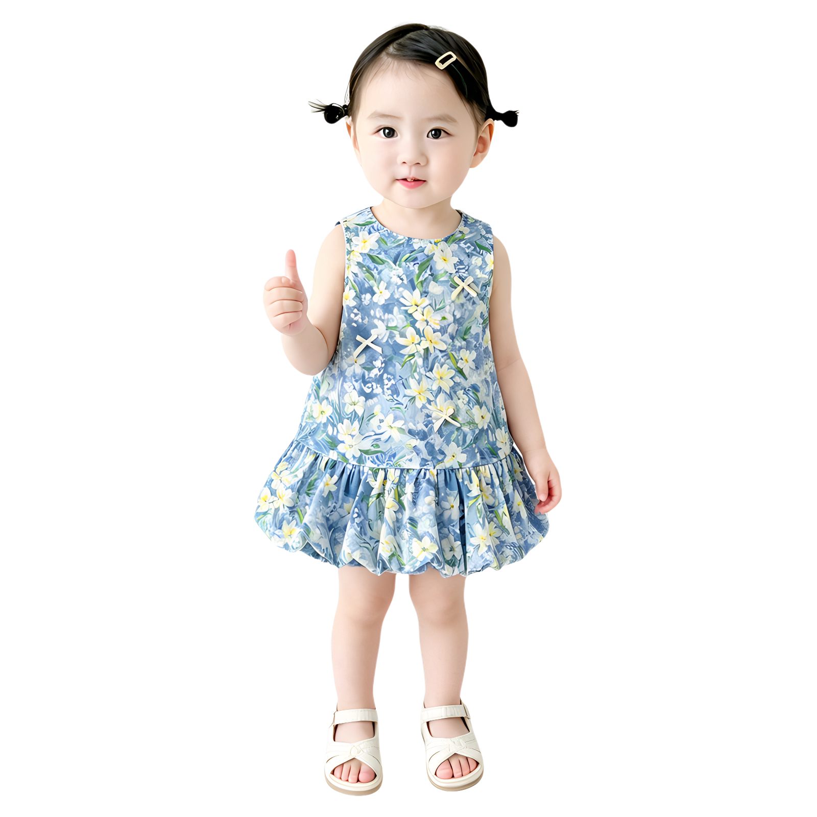 法国URCINS童装裙子小清新蓝小童碎花裙夏季无袖蝴蝶结儿童花苞裙