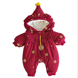 欧美婴儿衣服冬季加厚加绒连体衣女宝宝可爱洋气红色拜年服保暖