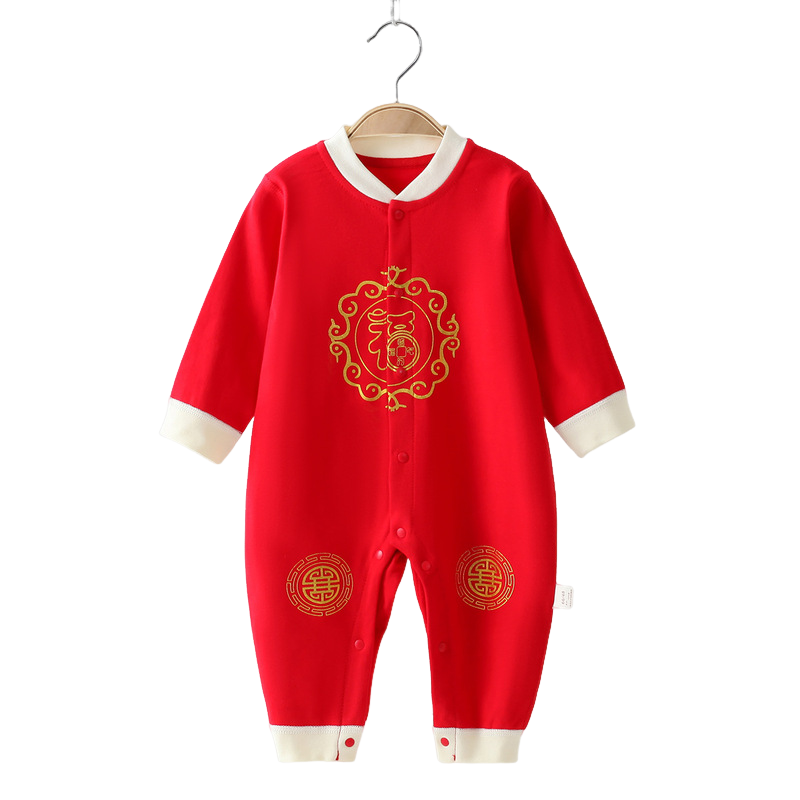 欧美婴幼儿长袖连体红色满月服宝宝无骨百天喜庆衣服洋气小孩抓周
