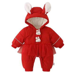欧美冬季婴儿拜年服加绒加厚棉服女宝宝外出夹棉连体衣新年衣服爬