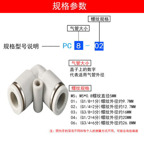 气缸气动快速快插气管接头L型弯通直角外螺纹弯头二通 PV4/6/8/12