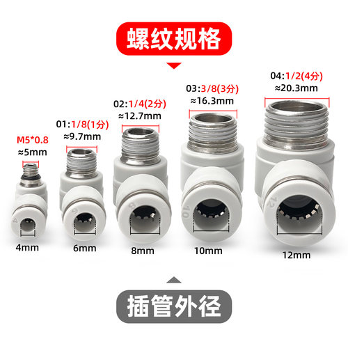 PH外六角螺纹弯头4-M5 6-01 8-02 10-03 12-04分外牙万向快速接头