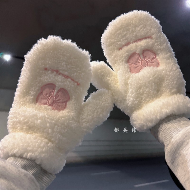 挂脖手套女冬季加厚保暖女款骑行学生加绒可爱棉防风全指毛绒防寒