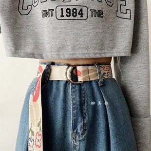 带免打孔 双环扣裤 花朵刺绣帆布皮带男潮年轻人牛仔裤 女士腰带男士