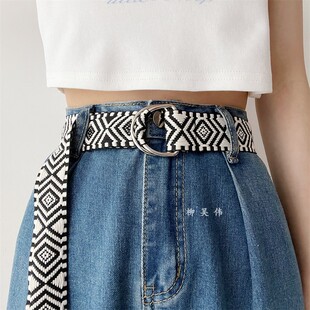 饰女款 百搭学生装 配牛仔裤 腰带男士 带 韩版 裤 双环扣帆布皮带女时尚