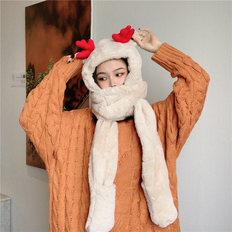冬天加厚保暖圣诞小鹿帽子围巾一体连帽女可爱围脖毛绒帽百搭护耳