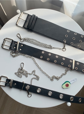 时尚美式网红全孔皮带女嘻哈朋克潮流双排裤带酷腰带链条装饰宽男