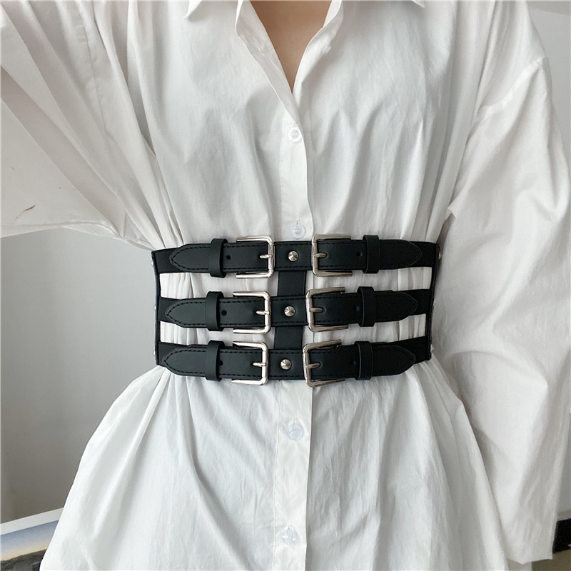 欧美三排ins朋克铆钉腰带衬衫
