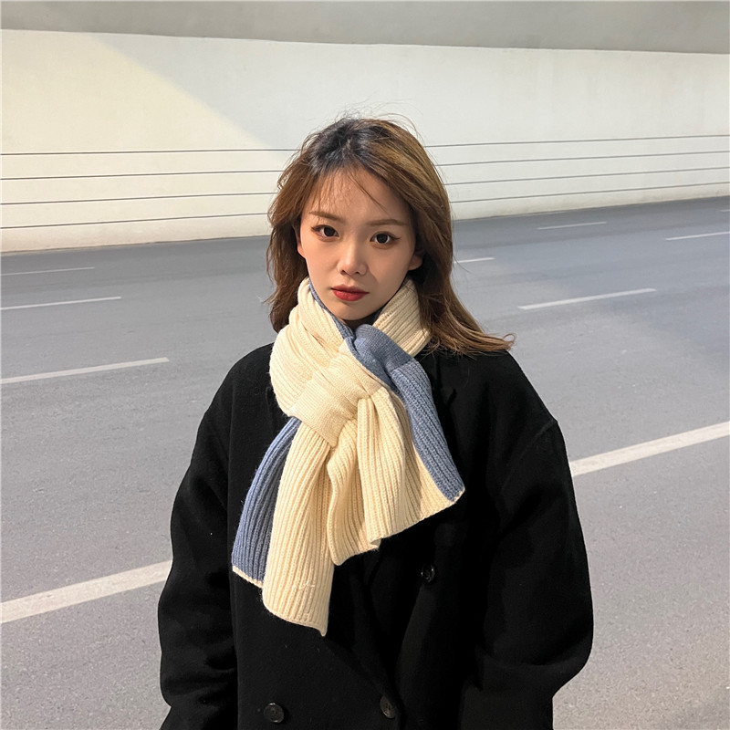 ins拼色针织围巾女秋冬季韩版百搭交叉短款围脖网红小众加厚保暖
