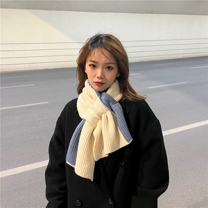 ins拼色针织围巾女秋冬季韩版百搭交叉短款围脖网红小众加厚保暖
