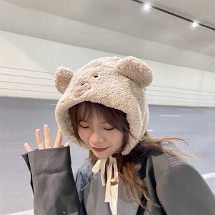 小熊毛绒绒帽子女可爱冬季韩版百搭羊羔毛少女护耳加厚保暖雷锋帽