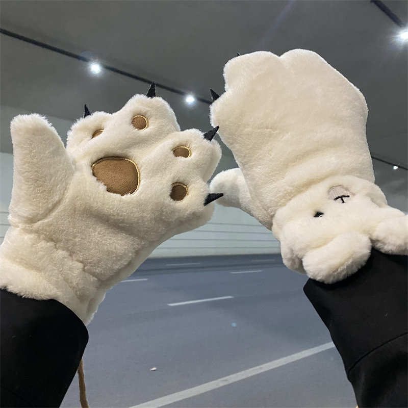 小熊毛绒绒手套女冬季ins可爱加厚保暖全指骑车骑行挂脖防风防寒