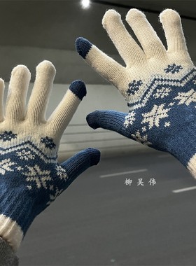 柳吴伟手套女冬季韩系五指保暖加绒学生骑车加厚防寒可触屏男冬天