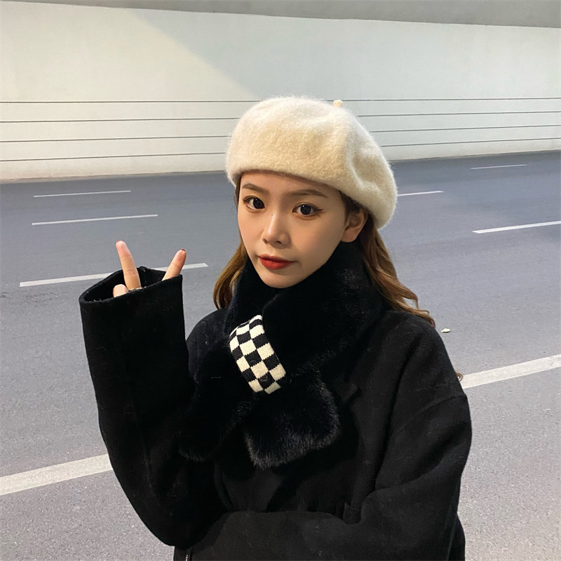围巾小众棋盘格毛绒绒韩版学生