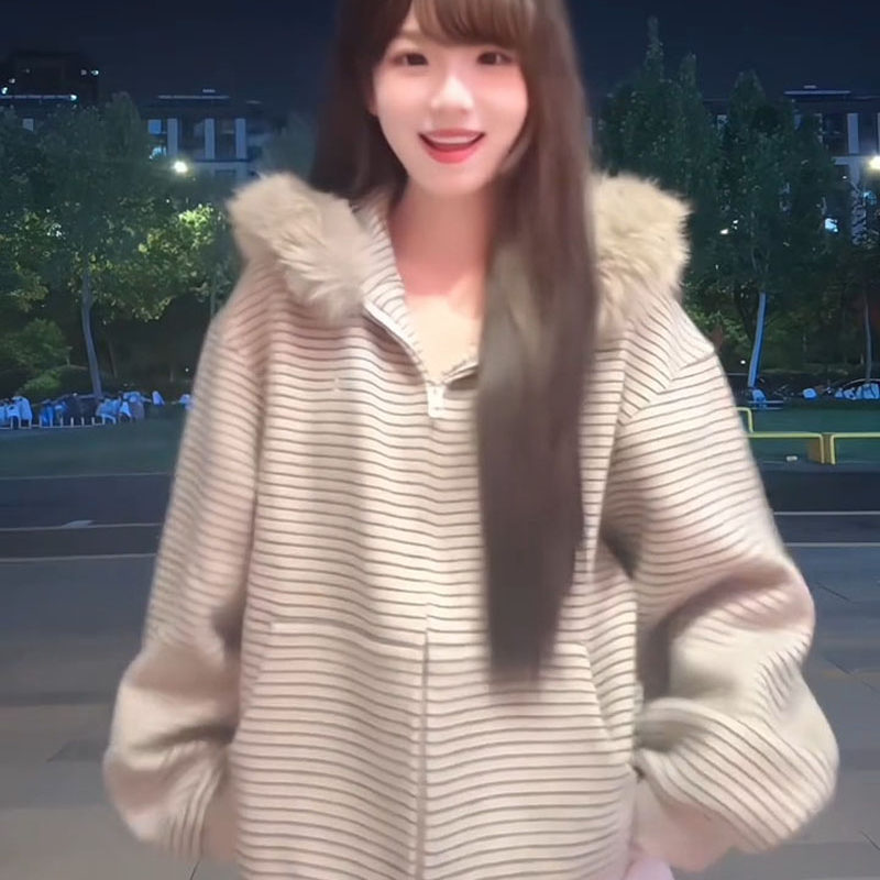 2025新款毛领条纹卫衣女加绒设计感休闲宽松连帽开衫慵懒风外套潮,女装/女士精品,卫衣/绒衫,淘宝优惠券,粉丝福利购,淘宝优惠卷