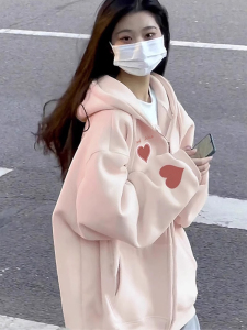 美式oversize爱心印花卫衣外套女秋冬加绒高级感慵懒风宽松棒球服