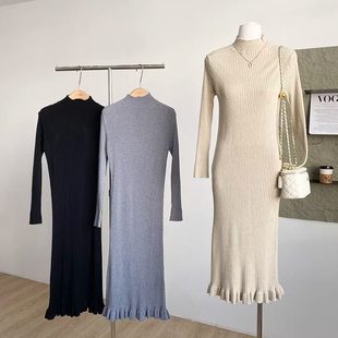 法式温柔风半高领长袖针织连衣裙女设计修身显瘦收腰气质长裙ins