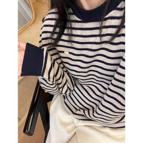 美式复古藏青条纹圆领卫衣女秋冬2024新款春秋宽松慵懒风小众上衣