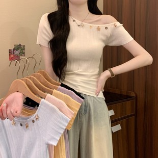 显瘦上衣ins潮 2025新款 韩版 百搭显瘦斜肩短袖 t恤女设计感小众修身