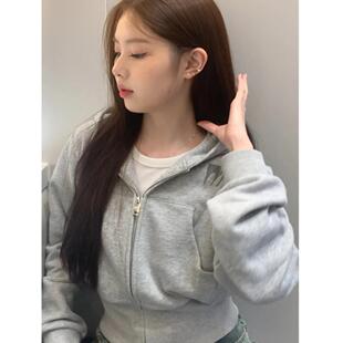 美式灰色连帽短款卫衣外套女早秋2024年新款拉链开衫休闲ins上衣