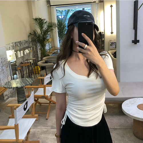 辣妹风双侧边系带短袖T恤女纯欲收腰修身小个子短款上衣