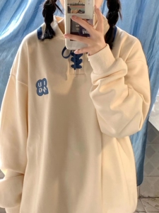 美式复古polo领卫衣女小个子春秋薄款宽松慵懒风vintage落肩上衣