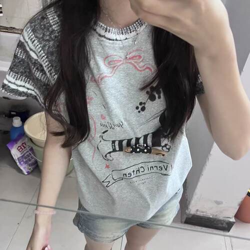 Pmiyc复古涂鸦拼接短袖T恤女