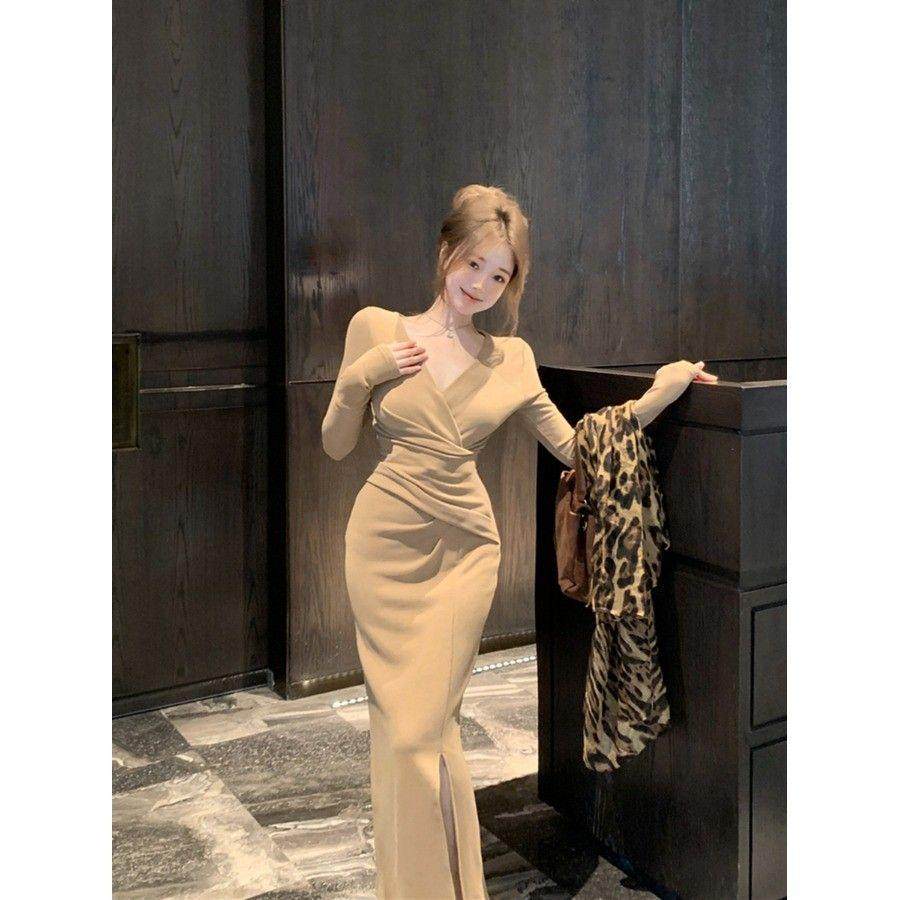 法式长袖v领打底连衣裙女秋冬配大衣气质收腰开叉包臀内搭长裙子,女装/女士精品,连衣裙,淘宝优惠券,粉丝福利购,淘宝优惠卷