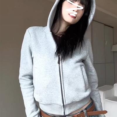 美式复古灰色短款卫衣外套女秋冬款2024新款加绒休闲拉链辣妹上衣