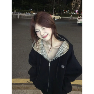慵懒风格子拼接连帽卫衣女秋冬加绒宽松百搭设计感休闲外套黑色
