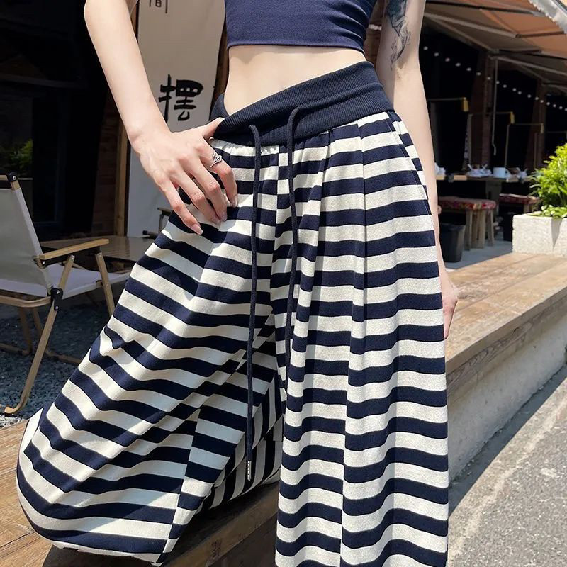韩国东大门2026夏季新款高腰显瘦宽松休闲拖地阔腿裤女条纹长裤子,女装/女士精品,休闲裤,淘宝优惠券,粉丝福利购,淘宝优惠卷