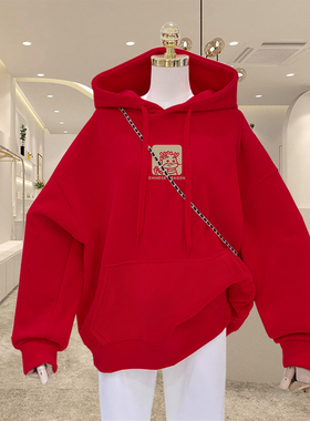 红色本命年新年印花连帽卫衣女秋冬加绒2025新款小众宽松百搭上衣