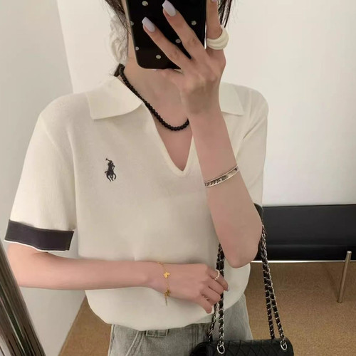 设计感撞色POLO领短袖针织衫女夏季学院风小马刺绣减龄百搭上衣潮
