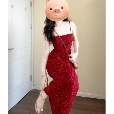 法式复古碎花吊带连衣裙子女夏季2025小个子气质收腰显瘦无袖长裙