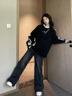 美式复古黑色三条杠加绒卫衣女秋冬高街撞色oversize休闲外套上衣