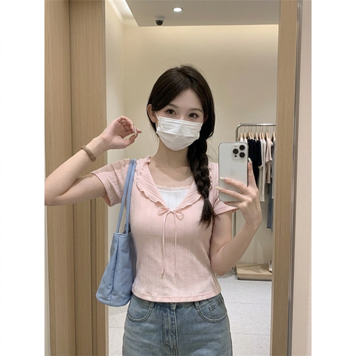 温柔甜美风蝴蝶结绑带短袖T恤女2026新款修身假两件蕾丝拼接上衣