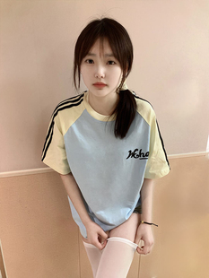 上衣ins潮 美式 多巴胺撞色插肩短袖 T恤女夏季 oversize高街宽松半袖