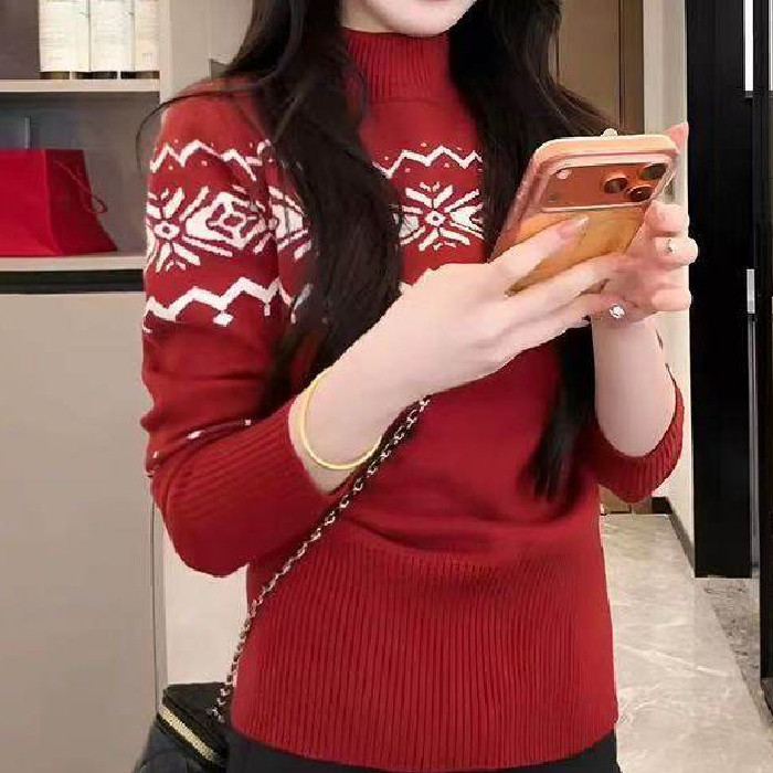复古设计红色半高领毛衣女秋冬2026新款复古提花长袖内搭针织衫,女装/女士精品,毛衣,淘宝优惠券,粉丝福利购,淘宝优惠卷