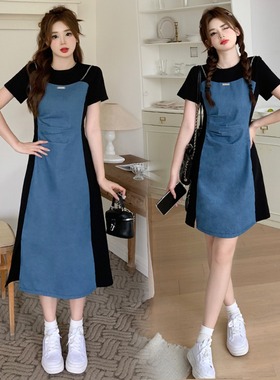 大码复古牛仔拼接连衣裙女新款夏季裙子胖mm遮肚显瘦开叉A字短裙
