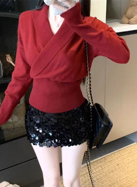 复古风V领红色长袖针织衫春秋温柔风修身收腰显瘦不规则小众上衣