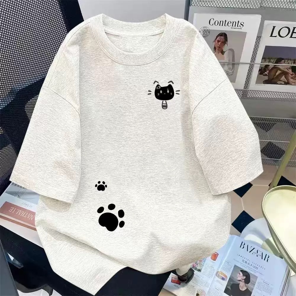 美式复古猫咪印花短袖t恤女夏季新款设计感小众宽松情侣上衣ins潮