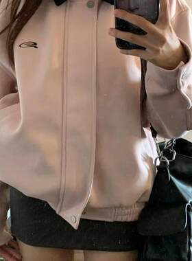 港风粉色翻领工装外套女春秋新款复古设计感宽松高街休闲夹克ins