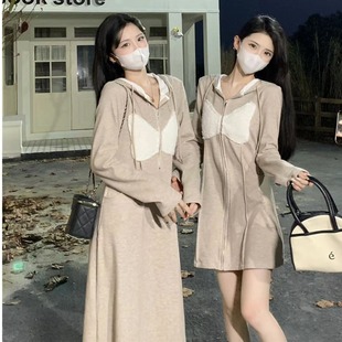 小个子休闲气质卫衣裙子女小众秋冬长袖设计感连帽收腰显瘦连衣裙