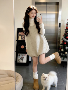 保暖衣两件套装 碎花花苞背心连衣裙配长袖 温柔小香风U领无袖 法式