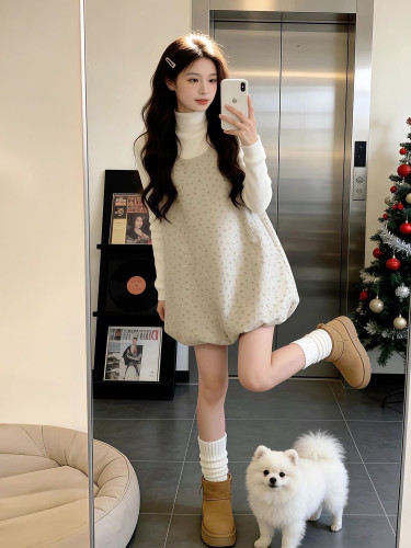 法式小香风碎花花苞连衣裙两件套