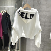 美式 外套ins潮 短款 复古连帽字母印花卫衣女秋冬加绒新款 宽松开衫